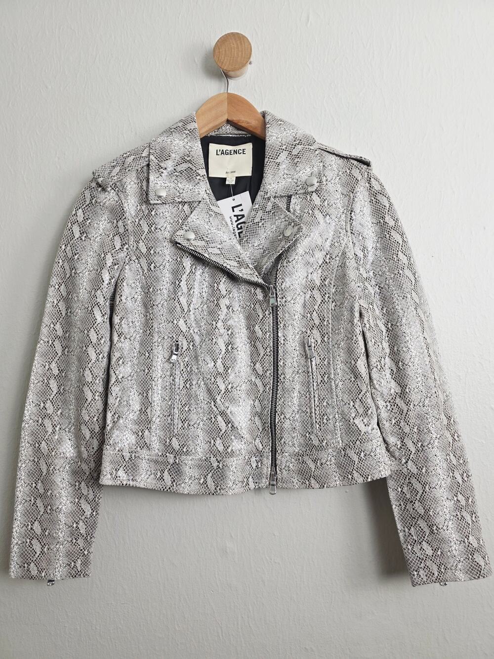 NWT L'Agence Ryder Snakeskin Leather Moto Jacket Gray Fieldstone Python Small